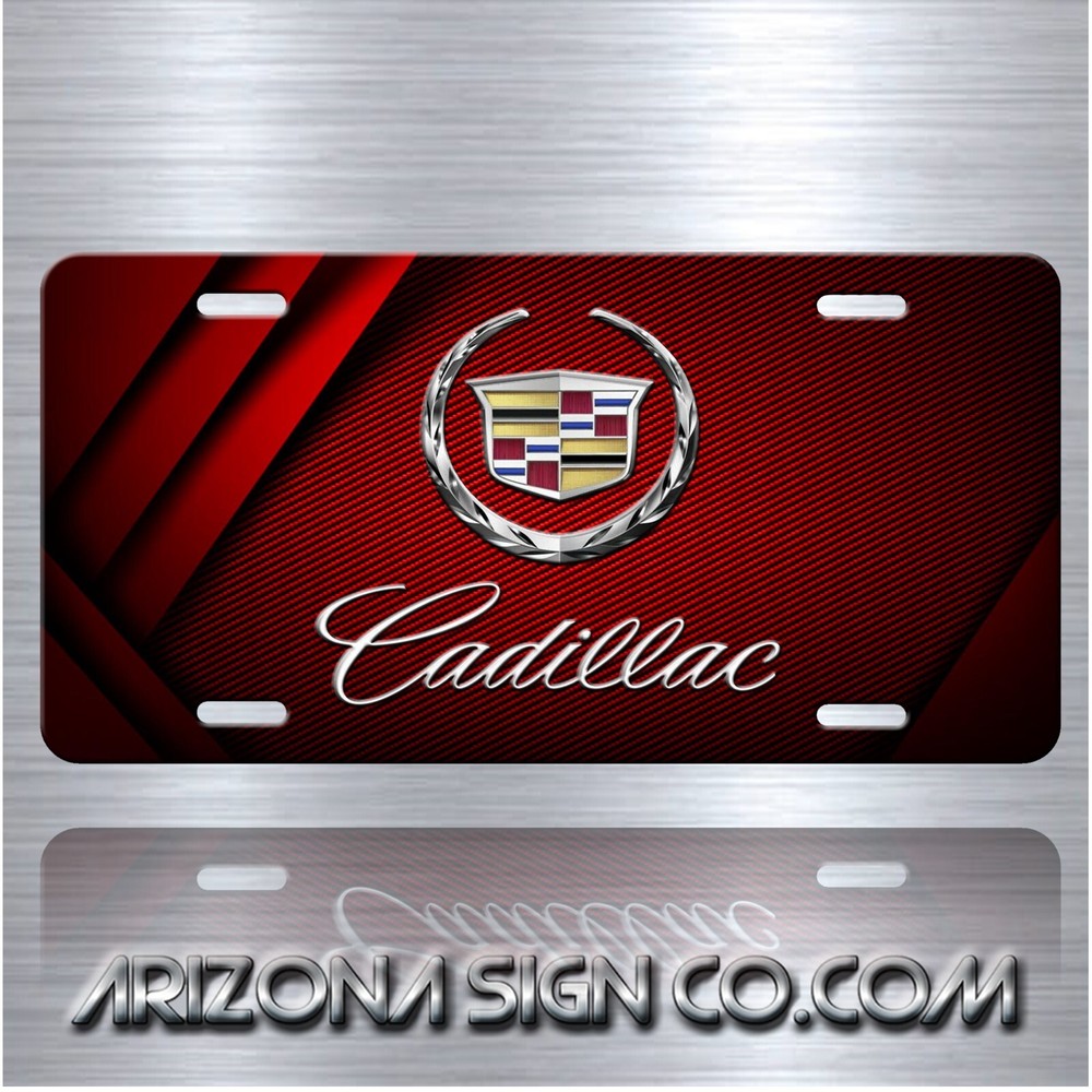 CADILLAC Inspired Art on Simulated Red Carbon Fiber Aluminum License Plate Tag