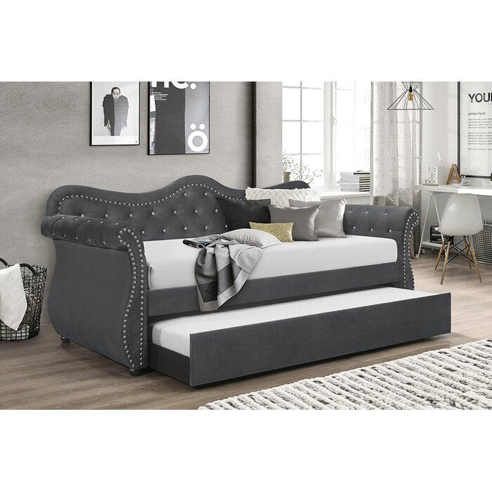 Abby Gray Velvet Upholstered Daybed with Trundle Storage-image