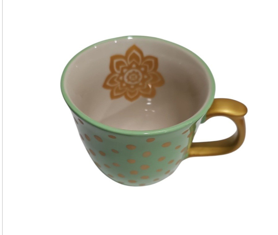 Pioneer Woman Green Gold Polka Dot Lotus Flower Stoneware Mug 21 oz
