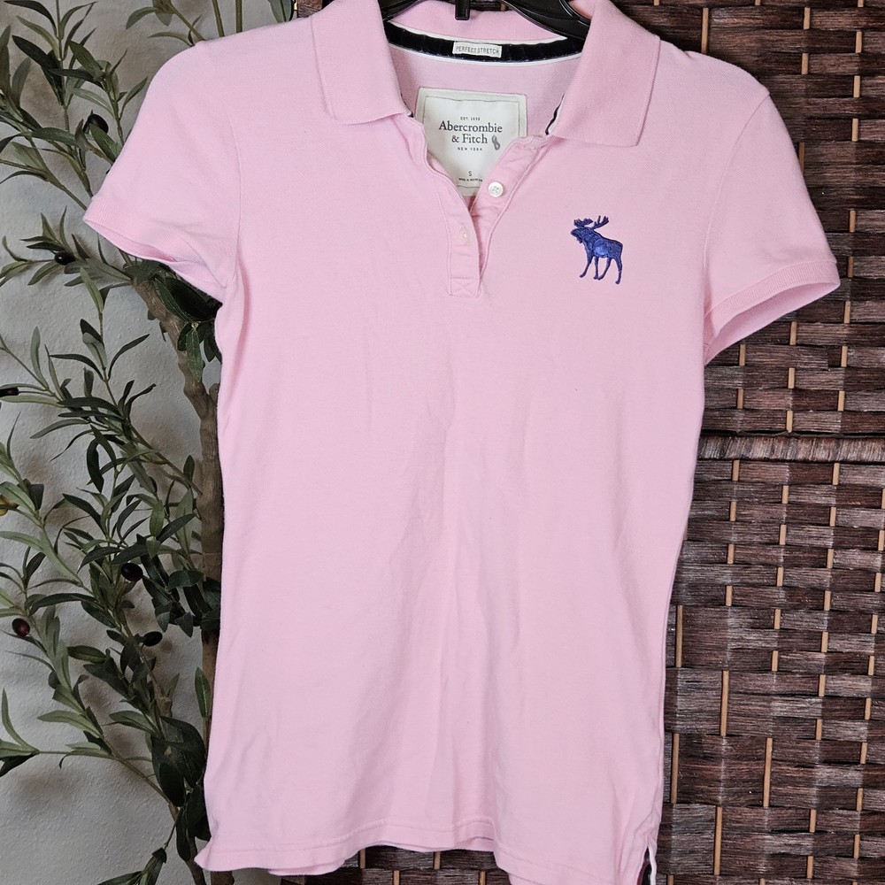 Y2K Abercrombie & Fitch Polo Shirt Light Pink Women's Small Moose Logo Preppy-image