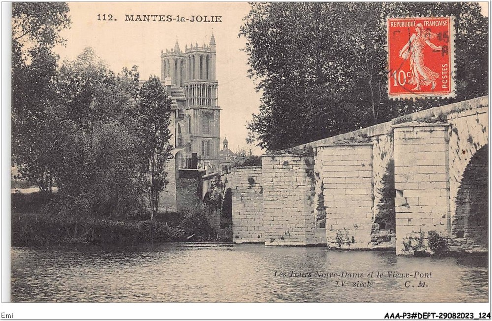 EMI-AAAP3-0308-78 Mantes-la-Jolie Notre-Dame Towers and Old Bridge Vintage Postcard-image