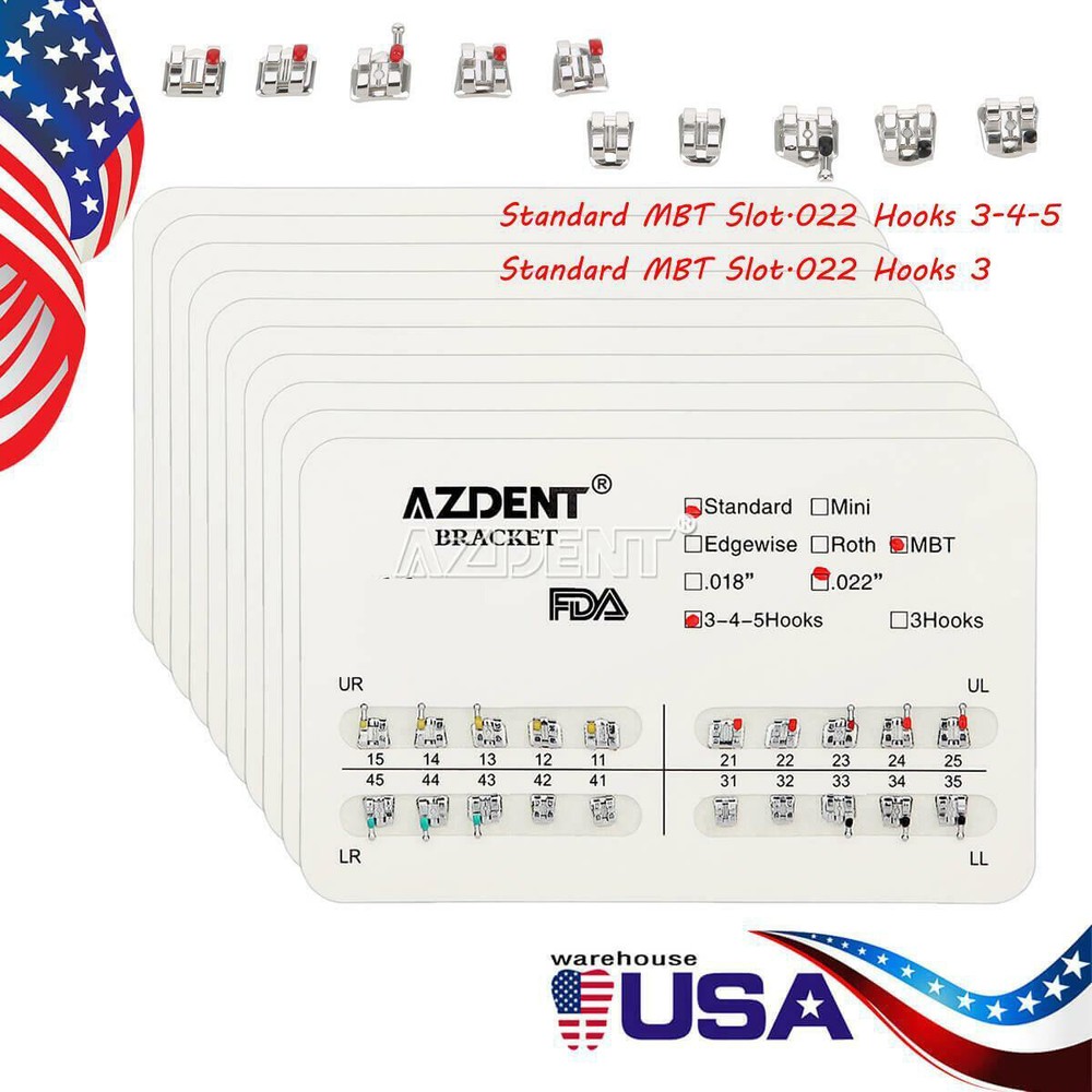 AZDENT Dental Orthodontic Brackets Metal Braces Standard MBT 022 Hooks 3-4-5/3