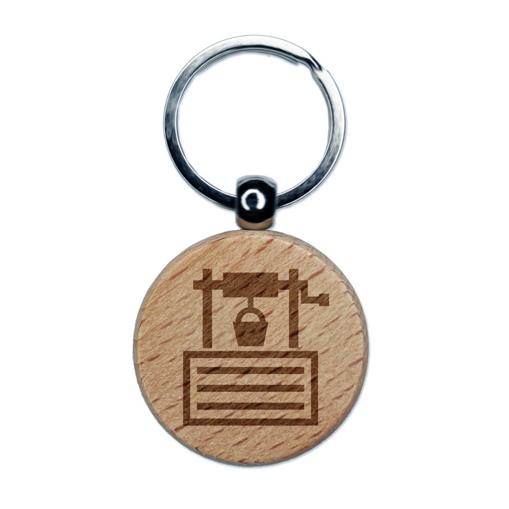 Wishing Water Well Icon Engraved Wood Round Keychain Tag Charm