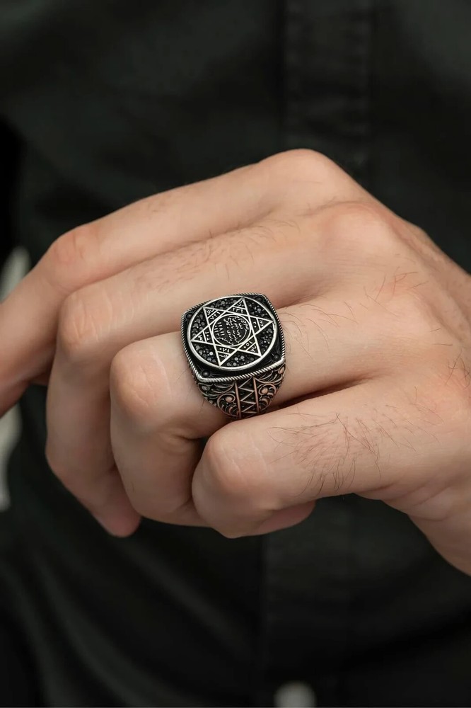 Seal of Solomon Ring 925 Sterling Silver Agate Stone Amulet Talisman Men Ring