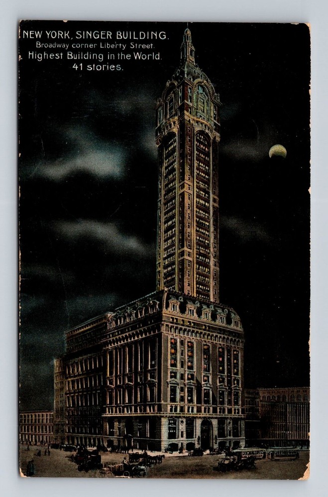 New York City, Night View Singer Building, Antique Souvenir Vintage Postcard