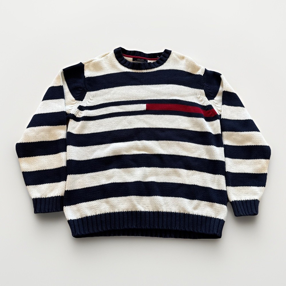 Tommy Hilfiger Sweater Mens XL Knit Cotton Striped Logo Y2k Vtg