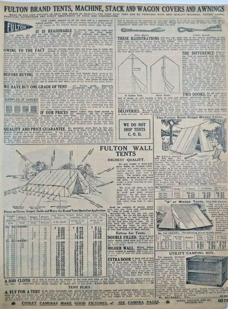 1911 Antique Fulton Tent Camping Art Sears Catalog Page Print Ad