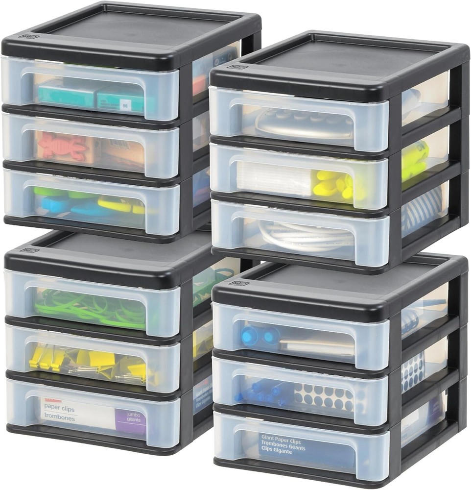 IRIS USA Plastic Stacking Desk Top 3-Drawer Storage Organizer, 4-Pack, for Makep