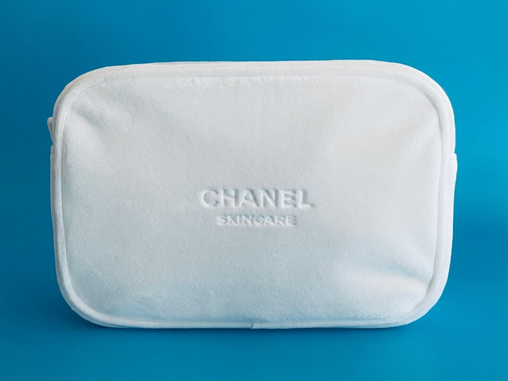 Chanel White Plush Velvet Travel Makeup Bag Toiletry Pouch