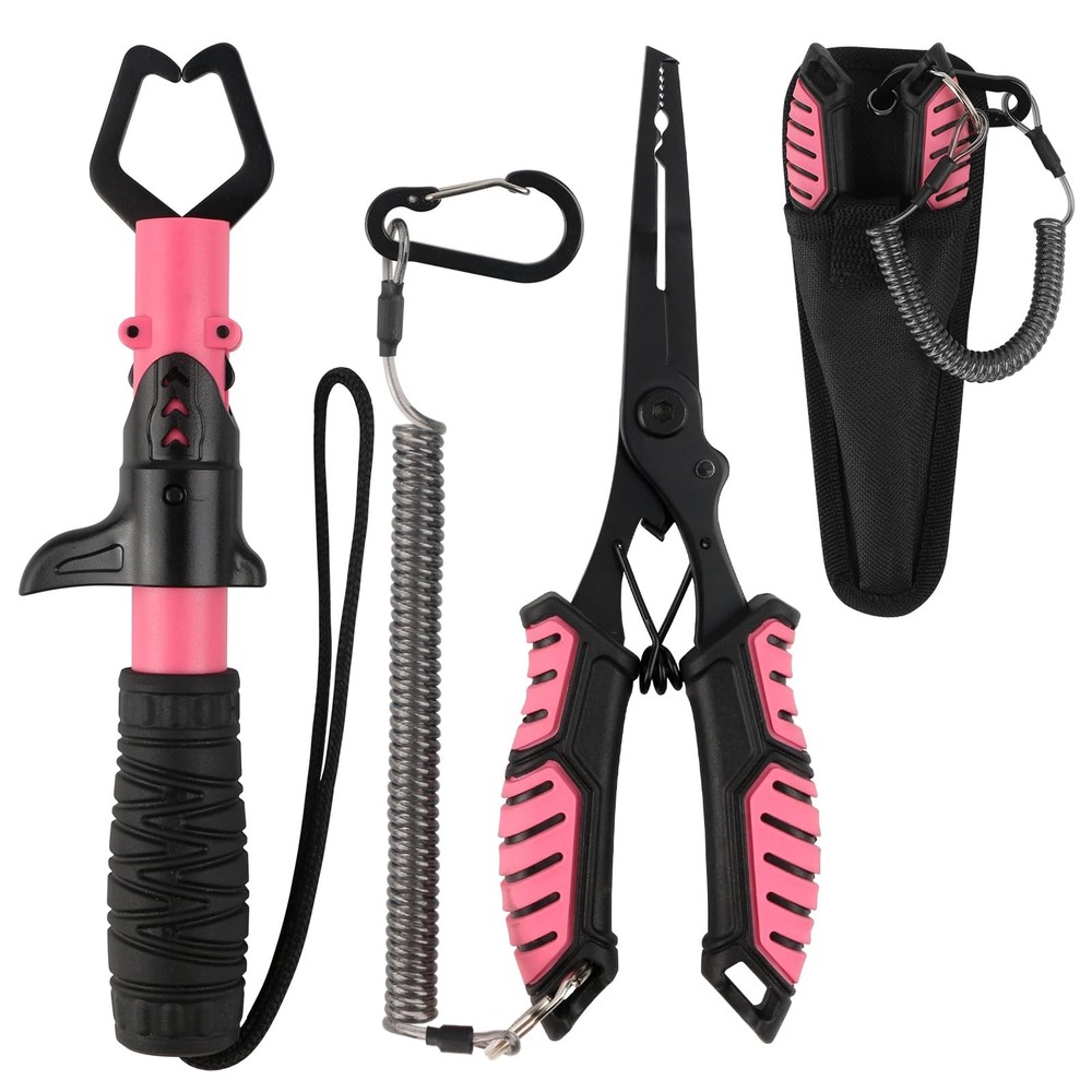 Pink and Black Fishing Pliers Kit with Gripper Line Cutter & Sheath