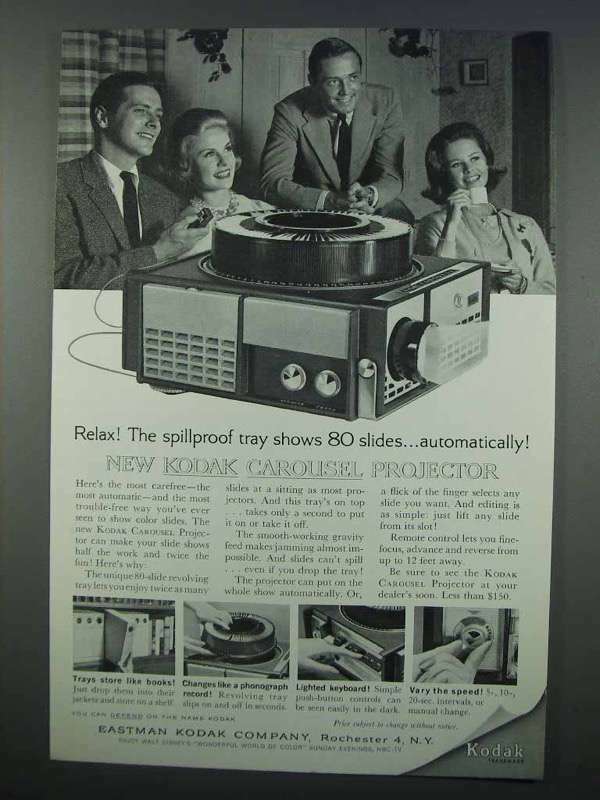 1962 Kodak Carousel Projector Ad Featuring Spillproof Tray Design