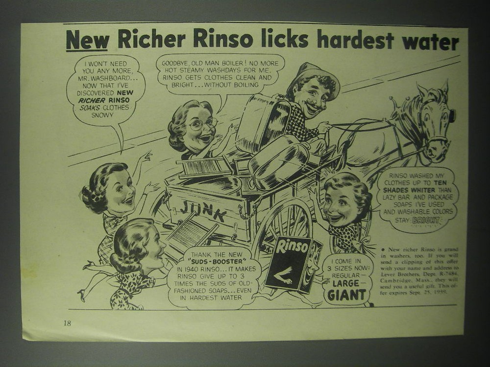 1939 Rinso Detergent Ad - New Richer Rinso licks hardest water
