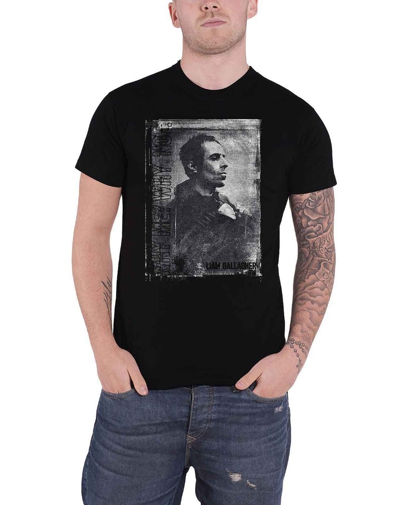Liam Gallagher Official Black Monochrome Portrait Logo T-Shirt
