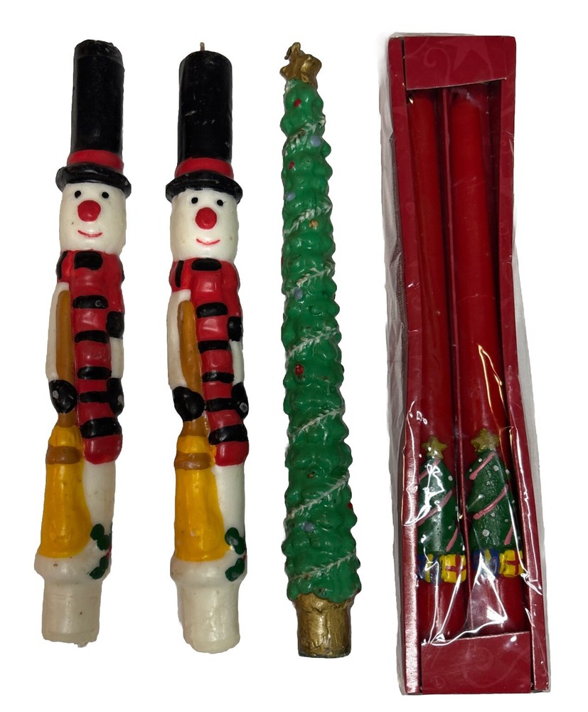 Vintage Lot Of 5 Christmas Holiday 9” 10” Taper Candles Snowman Tree