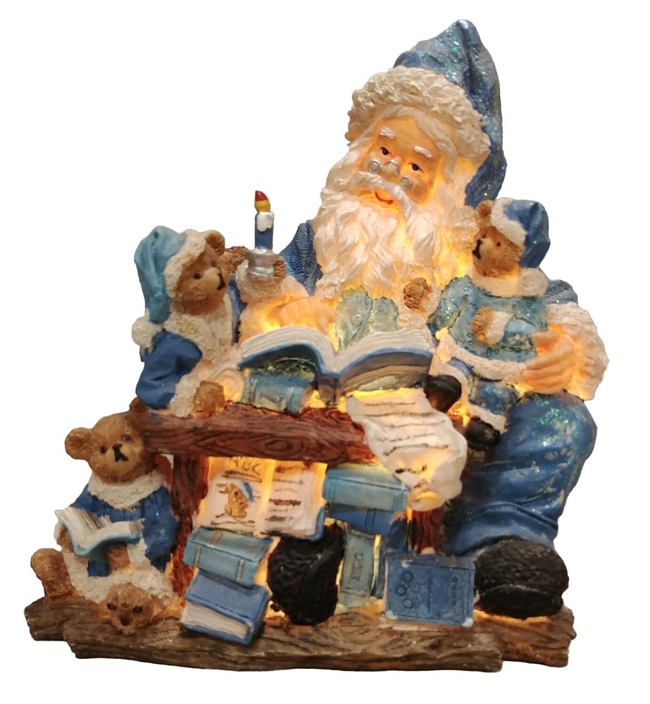 Rare Light-Up Blue Santa Claus & Bears Figurine - Excellent Condition Holiday Decoration
