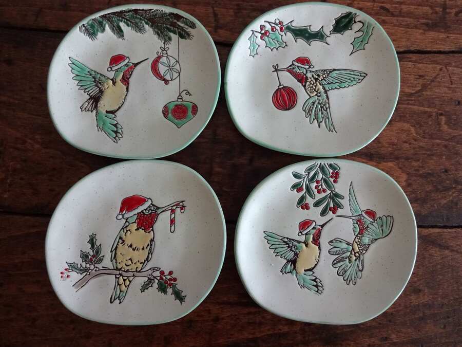 ELI + ANA Handmade HUMMINGBIRD Christmas CERAMIC APPETIZER PLATE Set 4PC