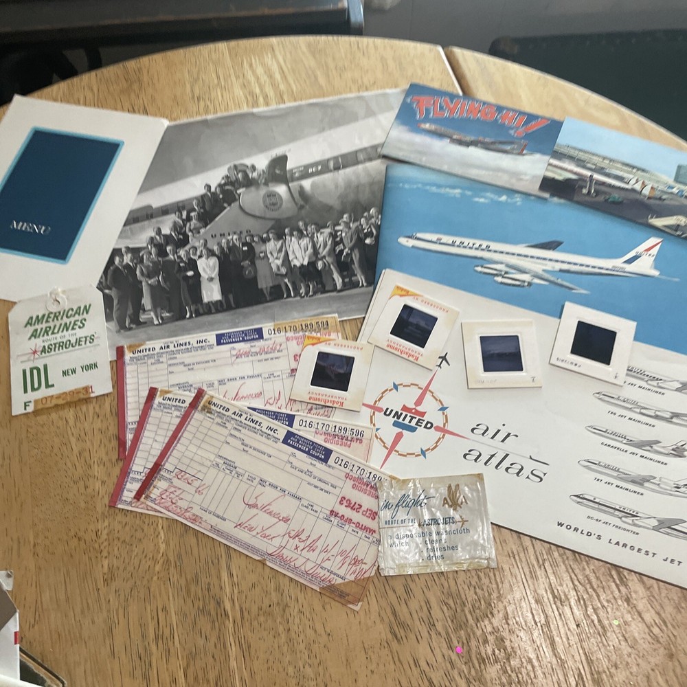 Vintage AIRLINES MEMORABILIA Lot United Etc Photo 1954 Ticket Stub Atlas Slides