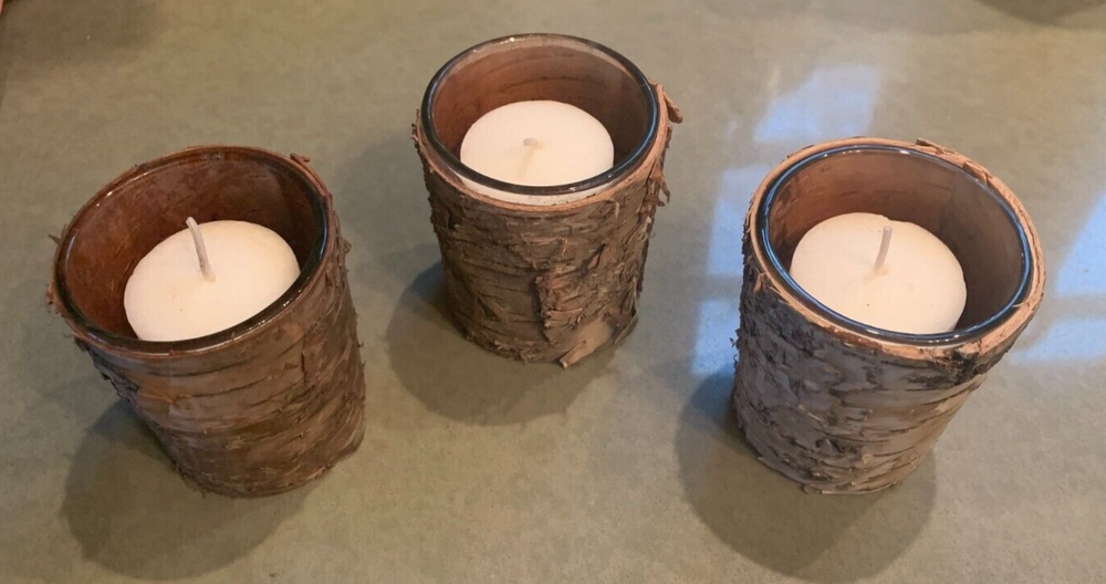 3 Birch Bark Votive Candle Holders Rustic Wood Adirondack Candelabra Decor