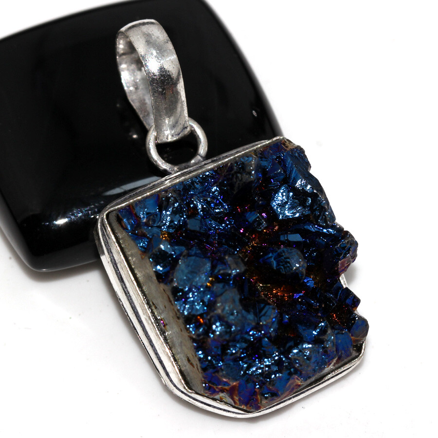 Purple Titanium Druzy 925 Silver Plated Pendant 1.5