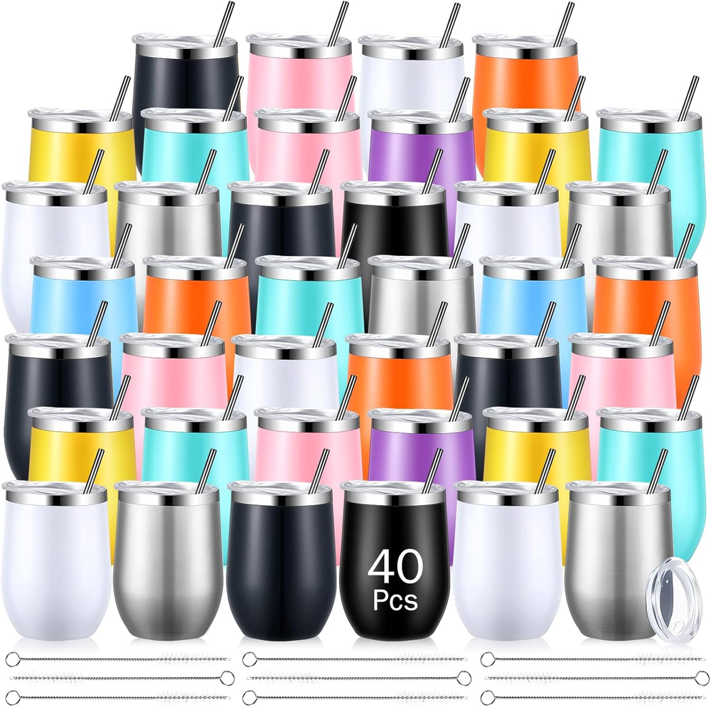 40 Pack Insulated Wine Tumbler 12 Oz Stainless Steel Wine Glasses Bulk with Lid