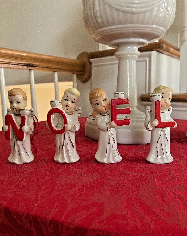 Vintage Relco Japan Ceramic 4 Piece Set NOEL Angel Mini Candle Holders Christmas