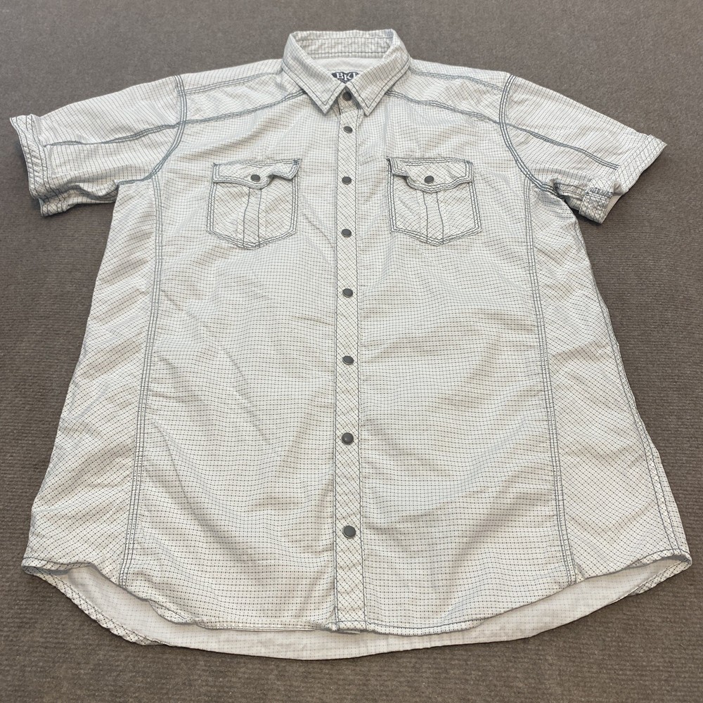 Buckle Shirt Men Large Gray White Polka Dots Pearl Snap Rockabilly Short Sleeve