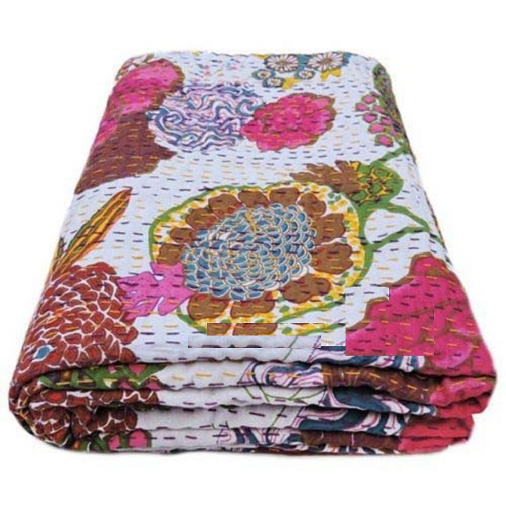 Indian Vintage Kantha Bedspread Throw Cotton Handmade Quilt Blanket Home Gudari