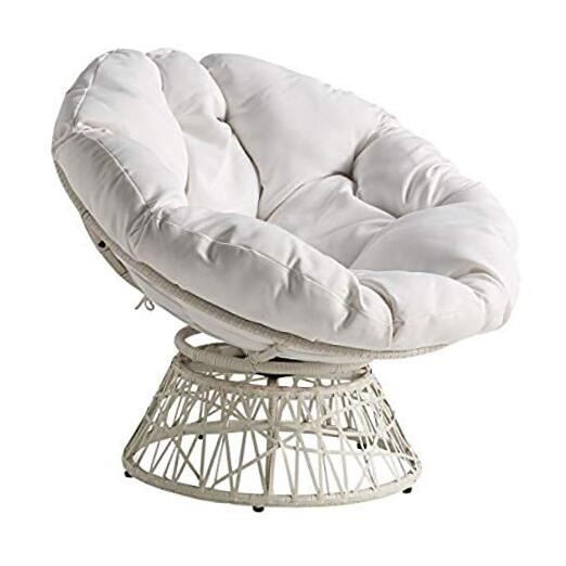 Bohemian White Wicker Papasan Chair with 360 Swivel Frame and Cushion