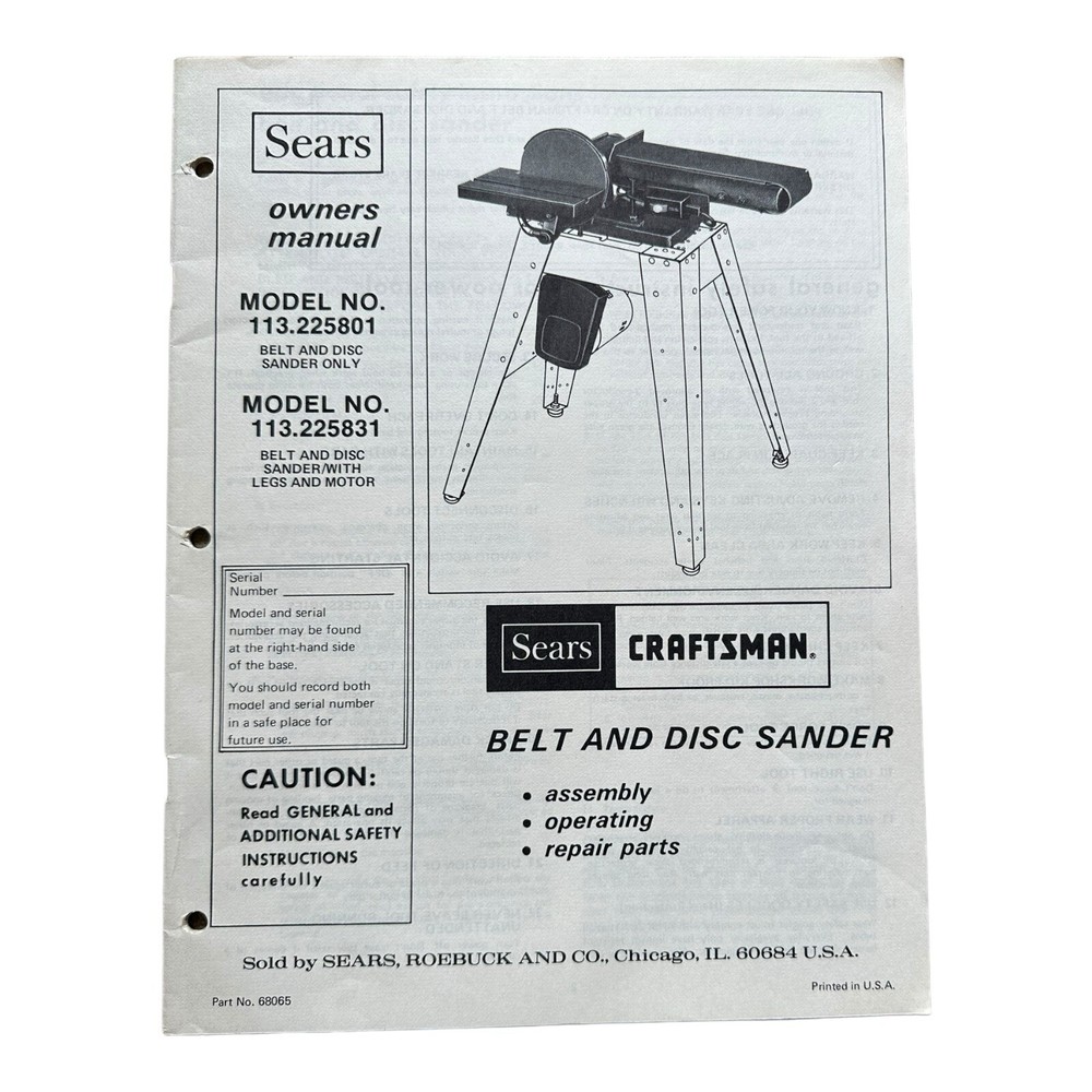 Craftsman Belt and Disc Sander Owners User Manual 113.225801 113.225831 OEM Part