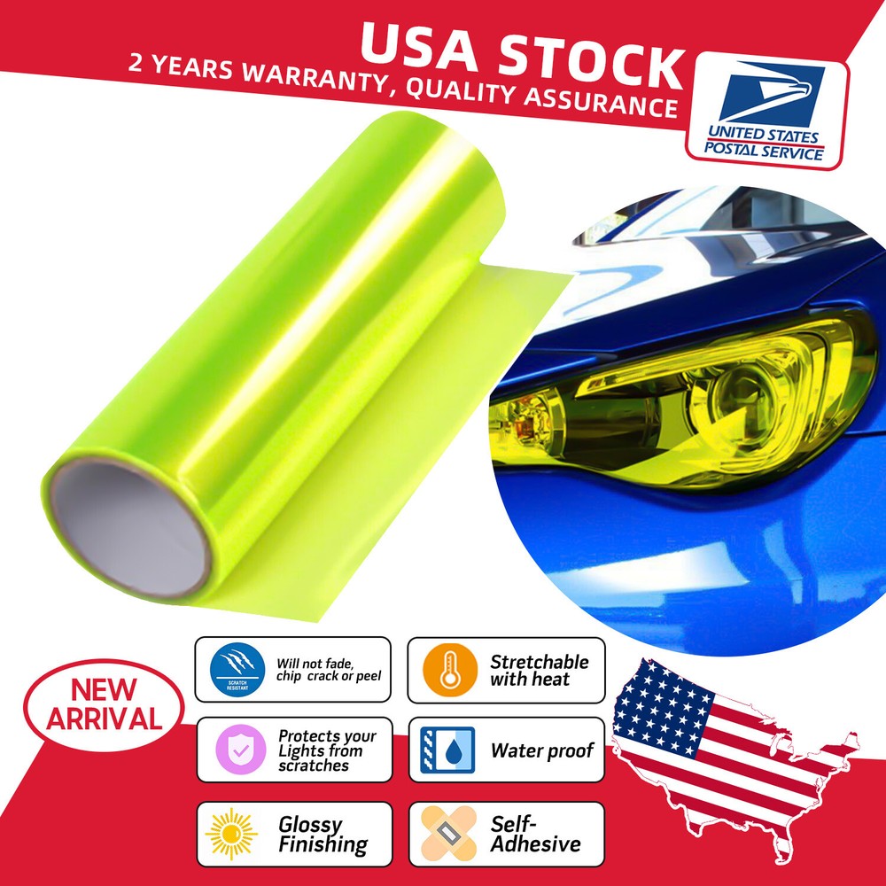 Glossy Neon Yellow Vinyl Wrap for Headlights Taillights & Fog Lights  