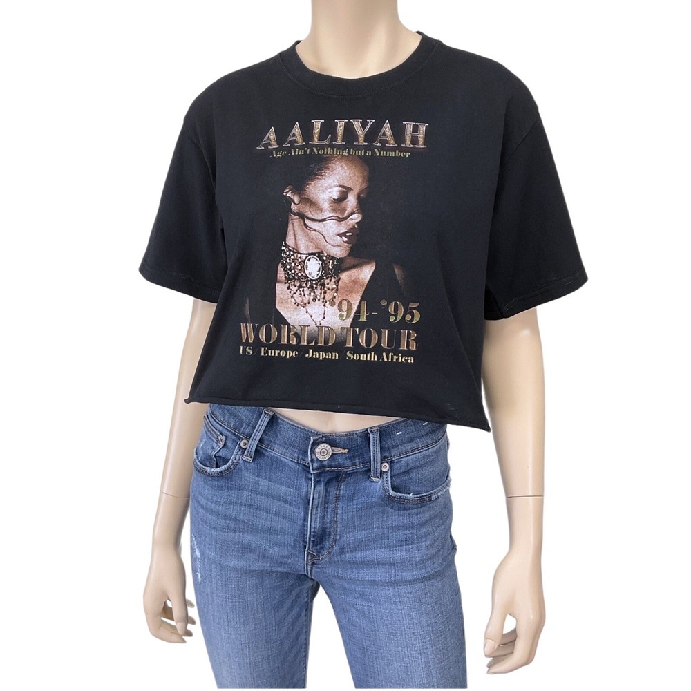 Aailyah Womens Black 94-95 World Tour Cutoff Crop Short Sleeve T-Shirt Size M-image