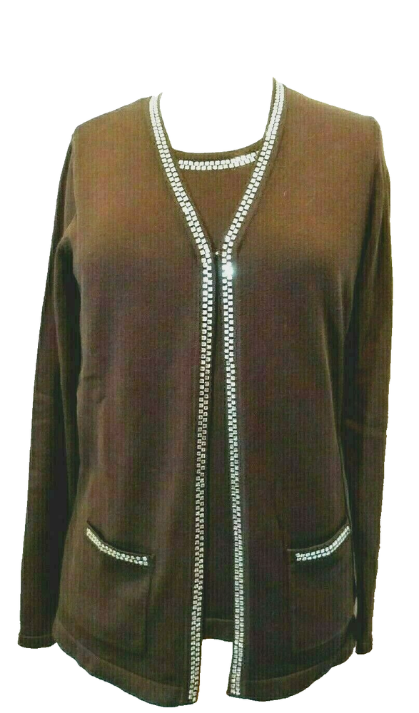 Brown Rhinestone Sweater Set Sz S/M by Quaker Factory 2-Pack