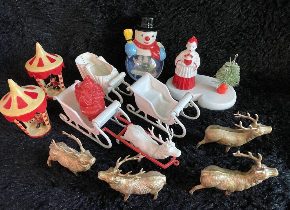 Lot of Vintage Christmas Hard Plastic Decorations Kitsch Deer Santa Sled Snowman