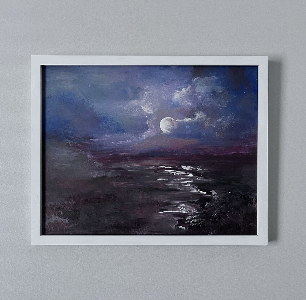 Original Painting Art Moon Rise Night Reflection Landscape Collectible COA Frame