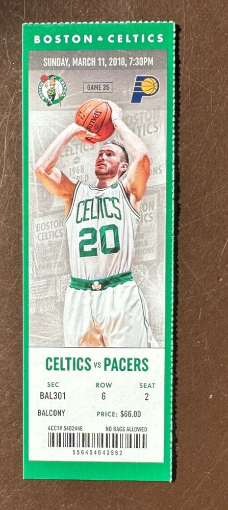 Boston Celtics 3/11/2018 NBA ticket stub vs Indiana Pacers