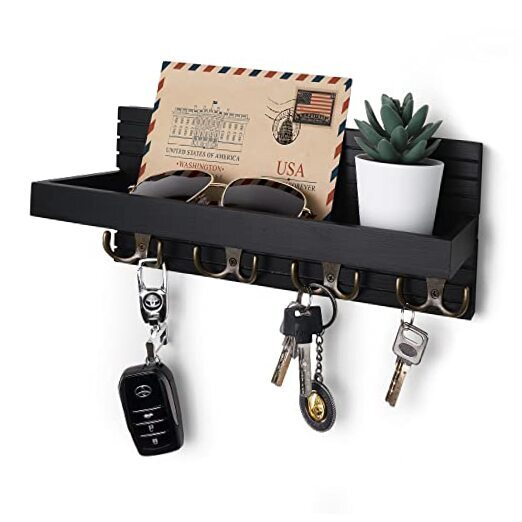 Modern Black Wooden Wall Key Holder with Mail Organizer