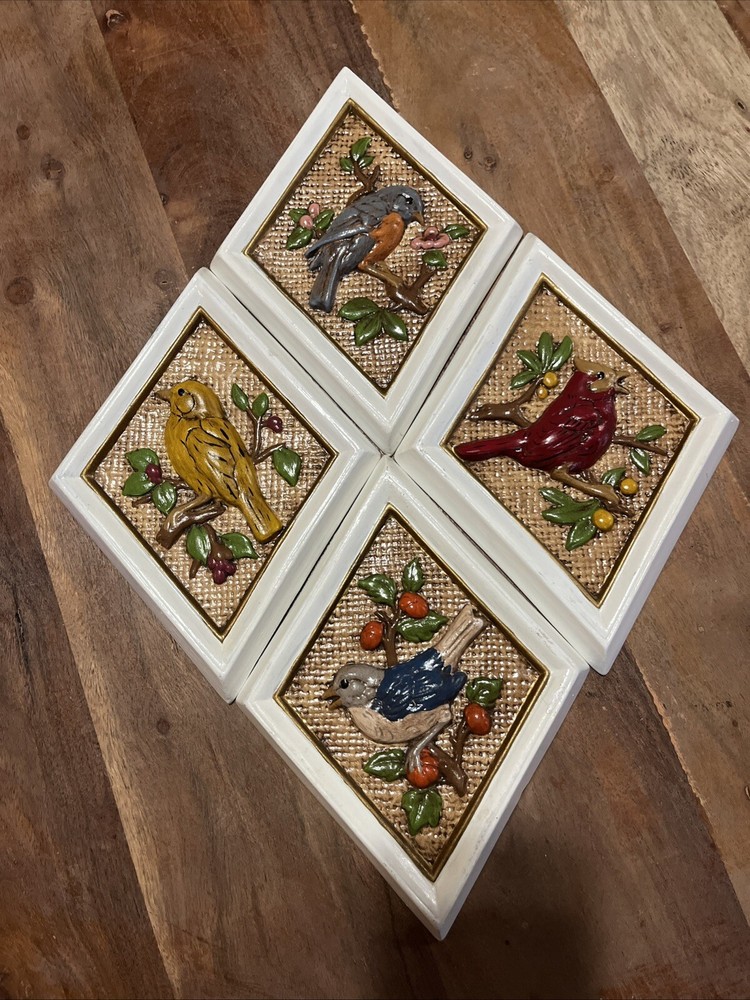 4 Vintage 8x6 Ceramic Bird Wall Plates for Decorative Display