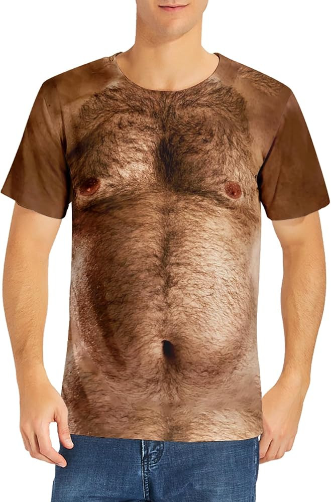 Fanient Mens Hairy Chest T-Shirts Funny Crewneck Graphics Pattern Short Sleeve T