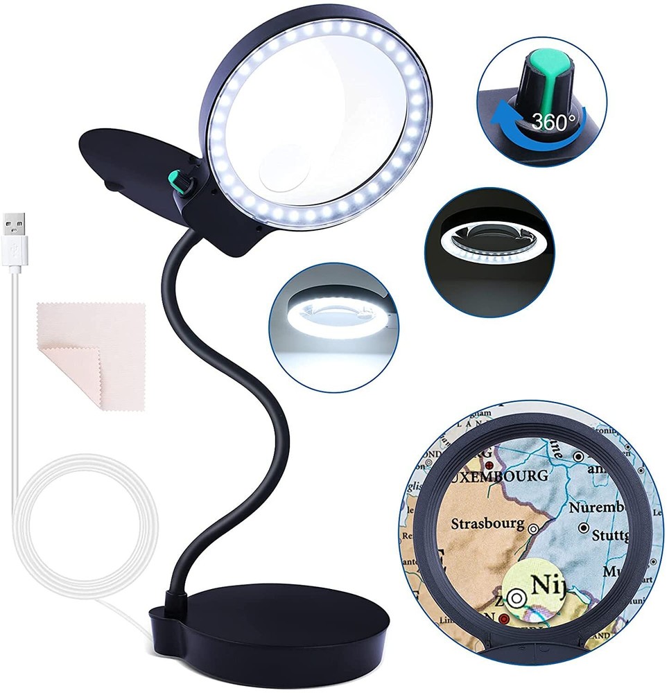 Magnifying Glass with Light and Stand, 10X 20X Magnifying Desk Lamp with Brig...