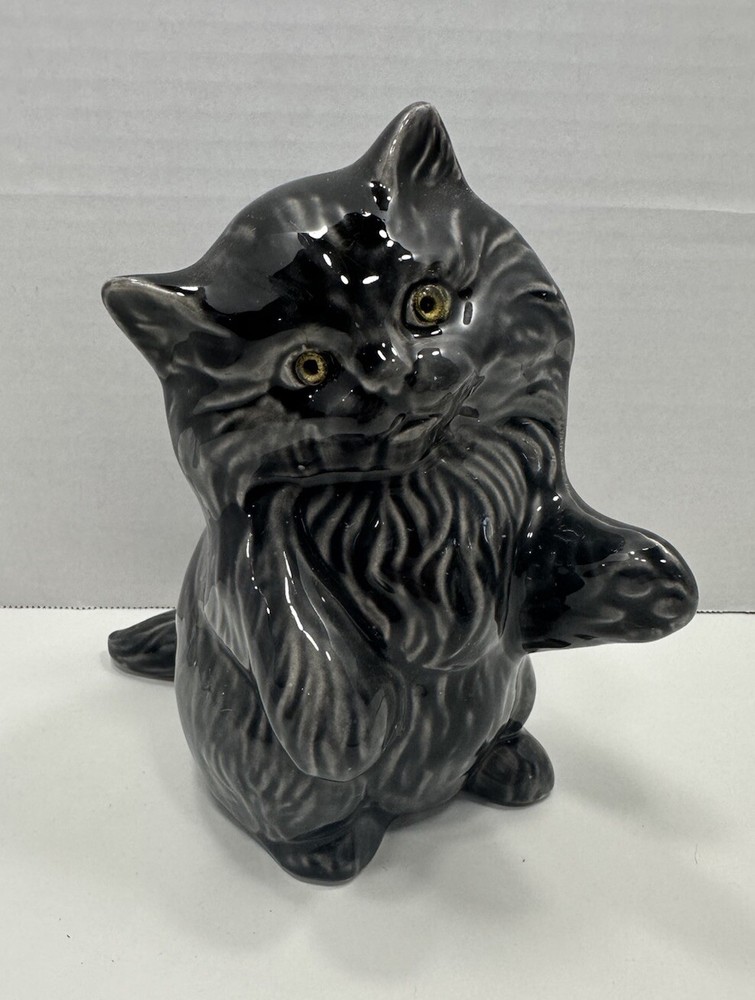 Vintage Ceramic Kitten/Cat Black Gray Color Glass Or Plastic Eyes 7”