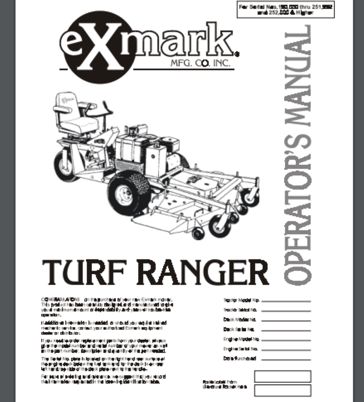 Exmark Turf Ranger Mower Operator Manual 40 Pages for Models 190K-251999 & 252K+