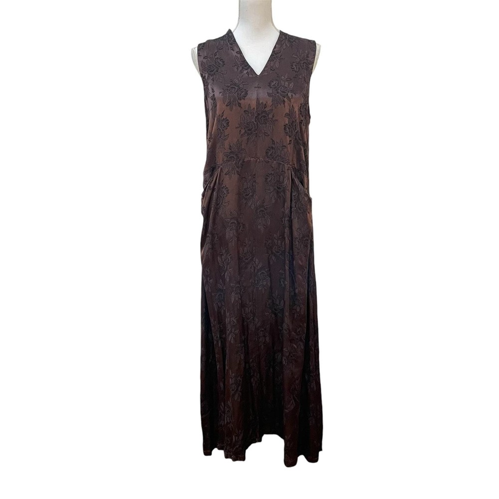 CP SHADES Vtg Dark Brown Floral Rayon Brocade Sleeveless Maxi Shift Dress Sz S/M