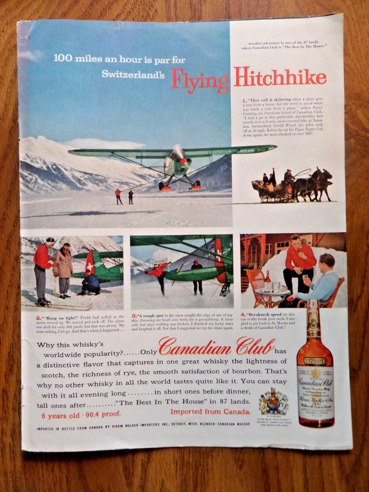 1957 Canadian Club Whiskey Ad Skijoring Switzerland  Camels Cigarette Ad Golub-image
