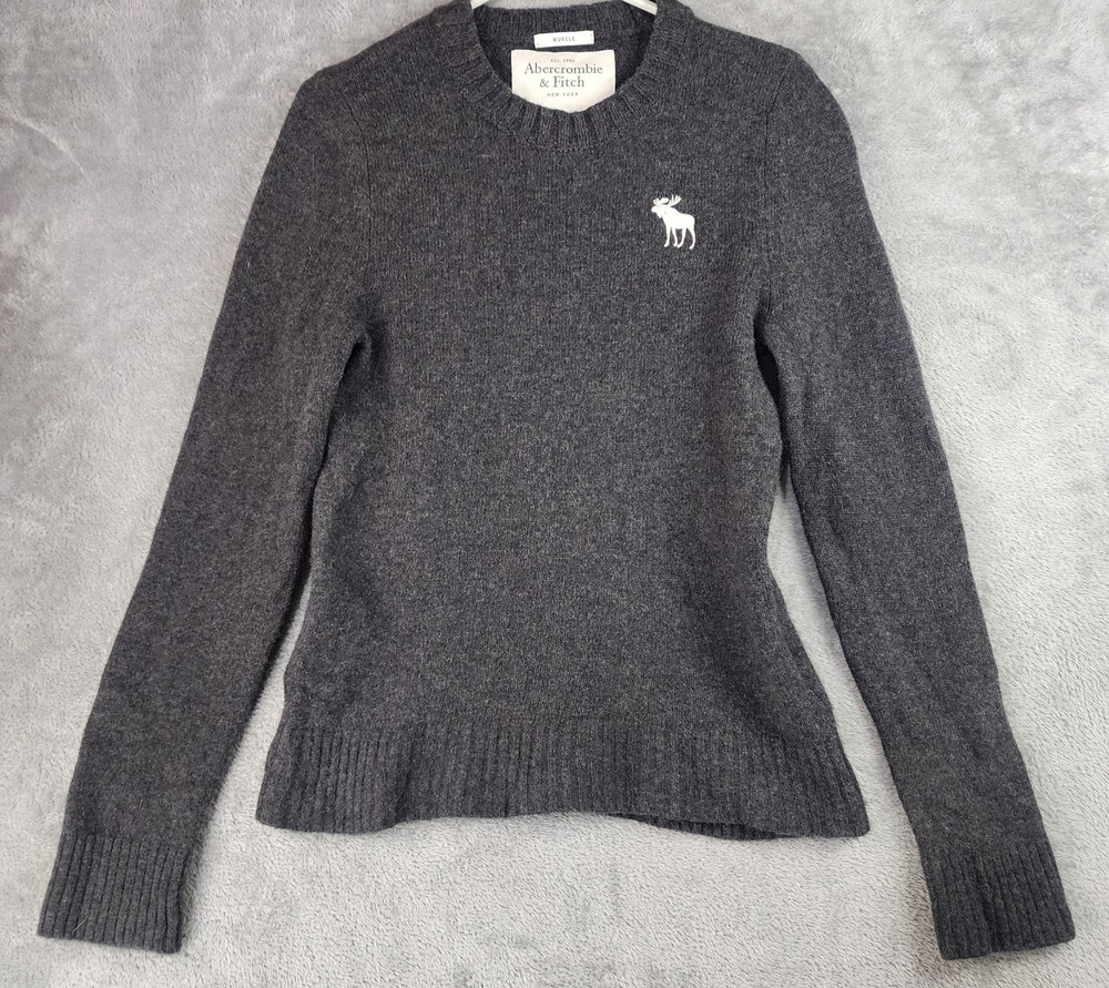 Abercrombie & Fitch Muscle Sweater Mens Medium Gray Wool Crewneck Moose Logo-image