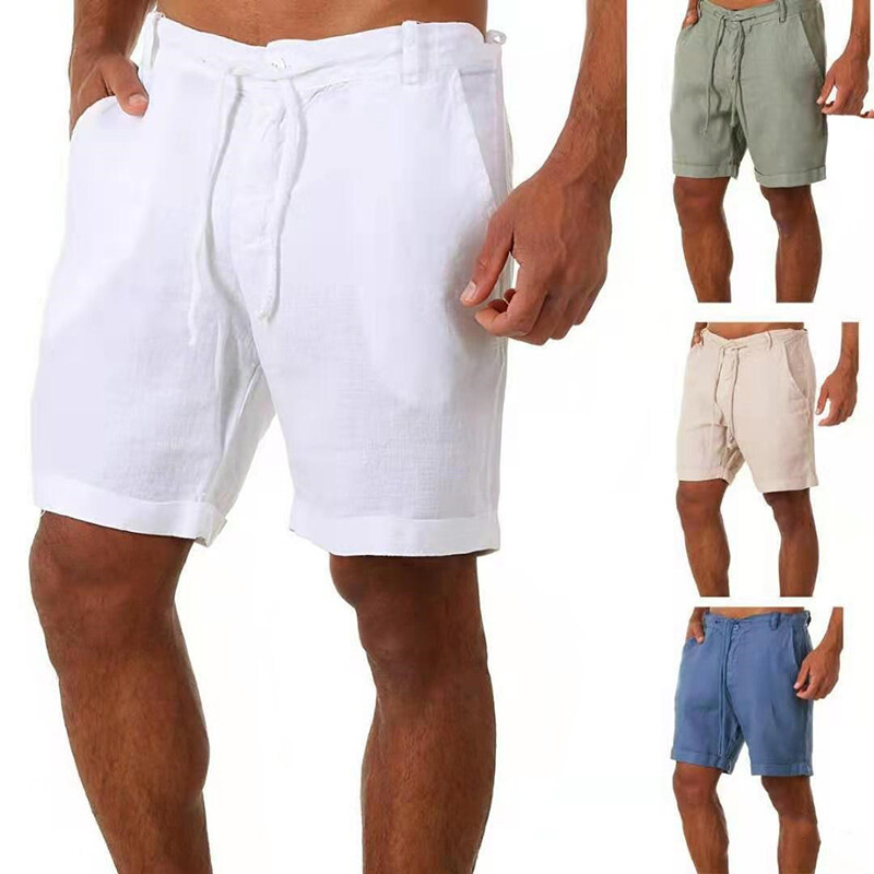 Mens Cotton Linen Shorts Summer Beach Casual Drawstring Chino Loose Short Pant~