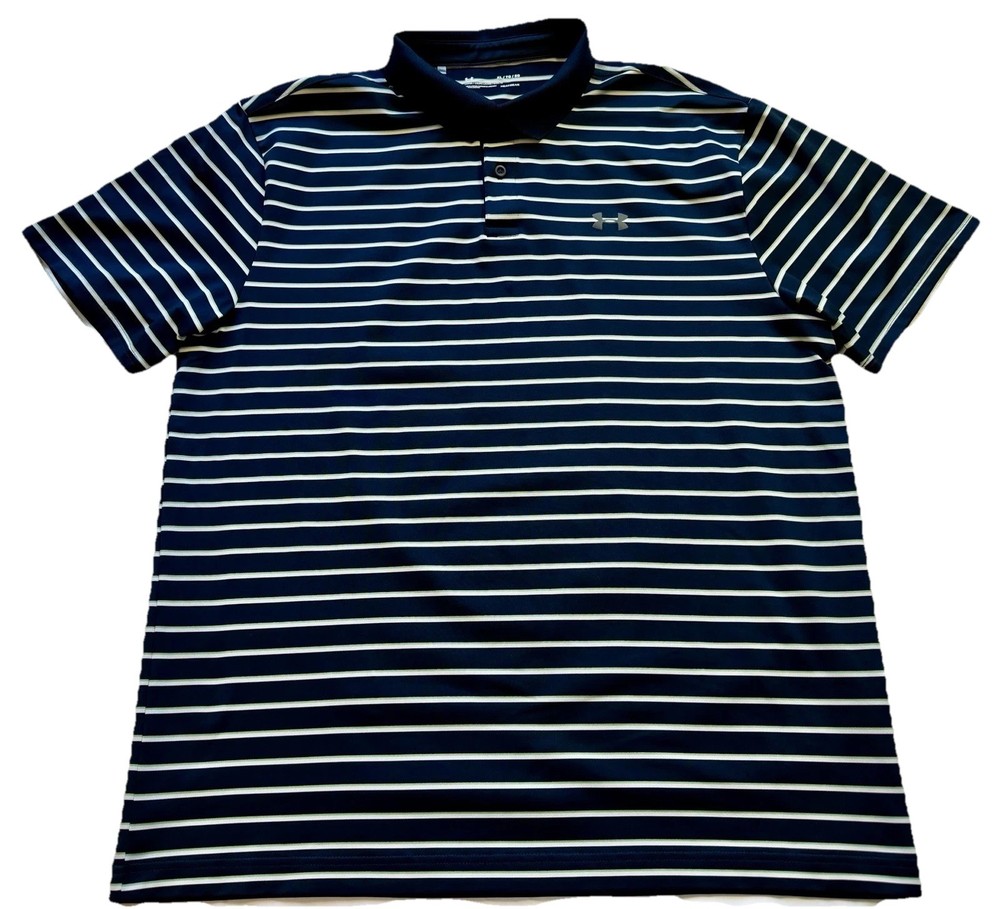 Under Armour Men's Blue Striped XL Golf Polo HeatGear Stretch Short Sleeve