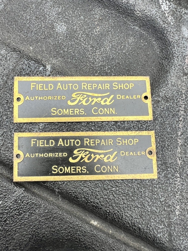2 vintage brass tags Field auto repair shop Somers CT Ford authorized dealer 3”