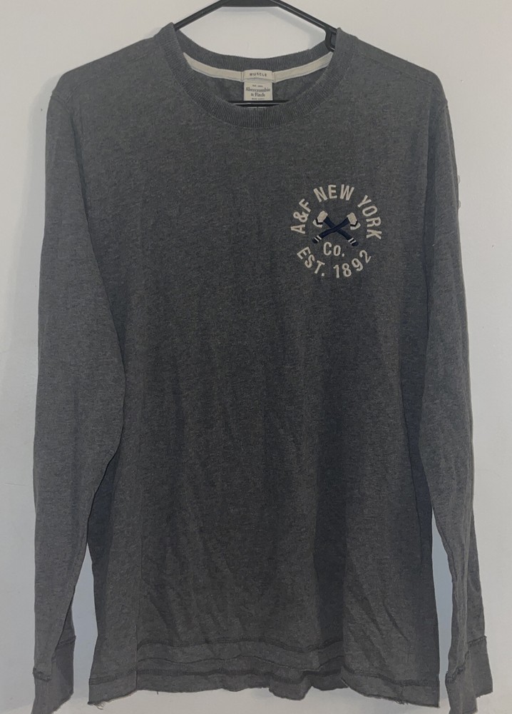 Abercrombie & Fitch Muscle Long Sleeve T Shirt Mens SZ L Gray Embroidered Y2K-image