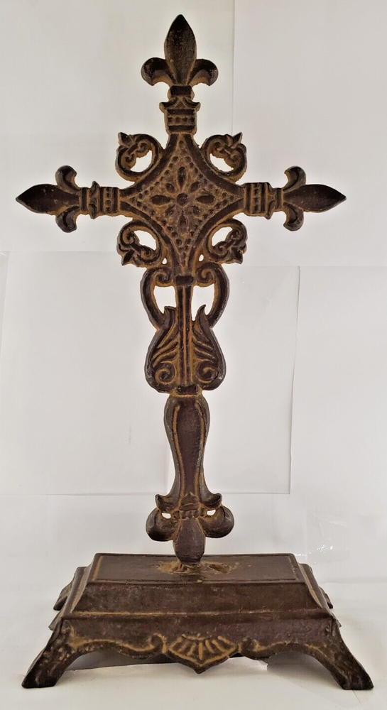 Rustic Heavy Cast Iron Ornate Statue Standing Cross Brown 13