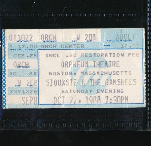 Oct 22 1988 Siouxsie & The Banshees concert ticket Orpheum Theatre Boston MA